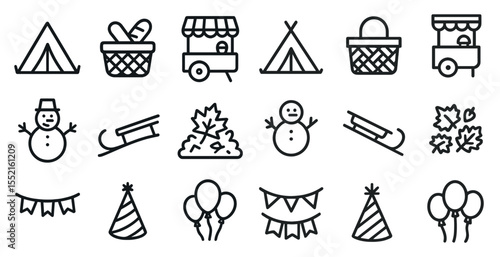 Camping and outdoor line icons set – linear, outline, adventure symbols and tools