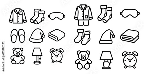 Bedtime essentials line icons set – linear, sleepwear, cozy and relaxation symbols