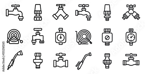 Plumbing outline icons set – linear, pipe, faucet and water supply symbols