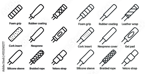 Fishing rod handle outline icons set – linear, silhouette, angling and gear tools
