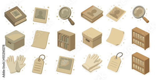 Vintage archive icons set – flat, silhouette, document and history symbols