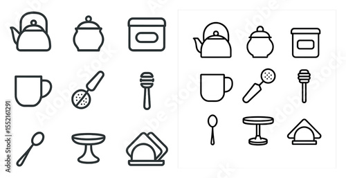 Tea essentials outline icons set – linear, kitchen tools and beverage symbols