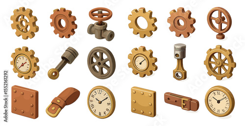 Steampunk and mechanical 3d icons set – gears, clocks, industrial design symbols