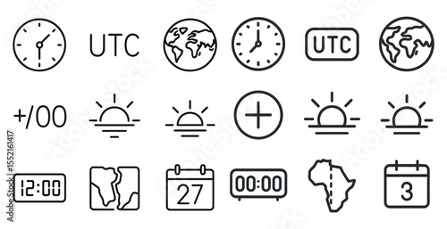 Time zone and world outline icons set – clock, global, international symbols