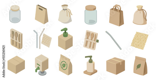 Sustainable packaging isometric icons set – eco-friendly, biodegradable symbols