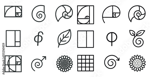 Mathematics and nature outline icons set – linear, geometric, science symbols