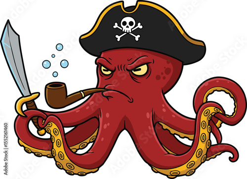Angry cartoon octopus pirate with hat, sword and pipe, underwater sea creature character, marine animal vector illustration