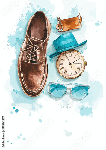 Stylish brown shoes with accessories including sunglasses and watch  