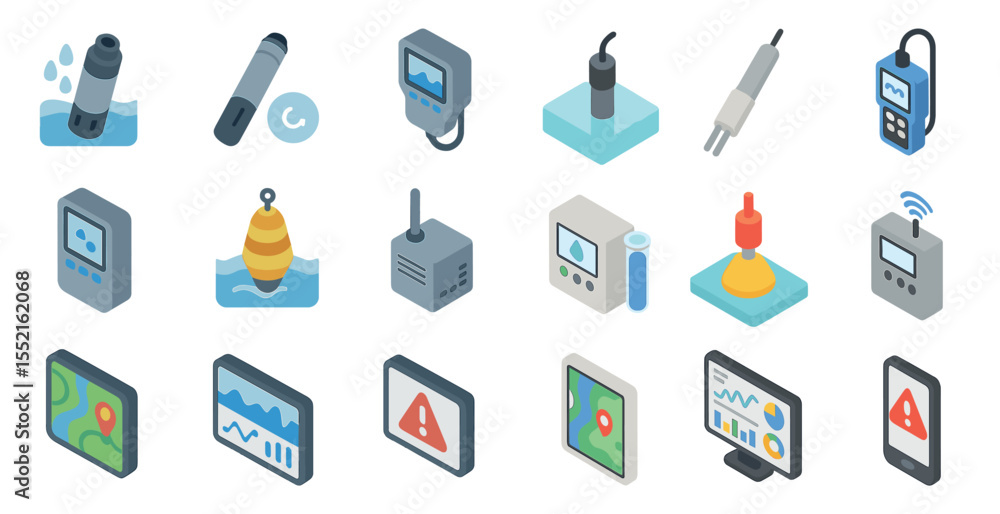 Water quality monitoring isometric icons set – flat, sensors, analysis symbols Water quality monitoring isometric icons set – flat, sensors, analysis symbols