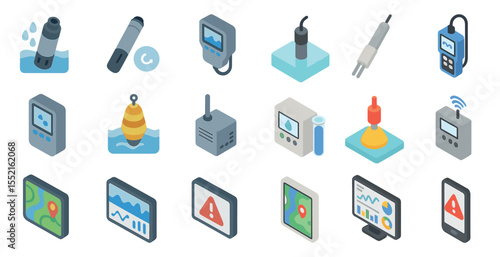 Water quality monitoring isometric icons set – flat, sensors, analysis symbols