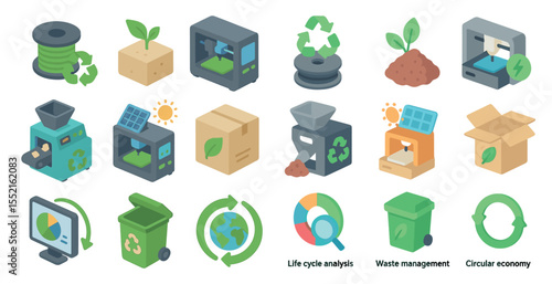 Recycling and sustainability icons set – isometric, eco-friendly, waste management symbols