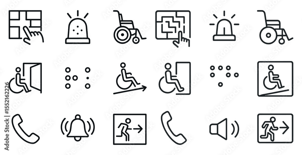 Naklejka premium Accessibility and safety icons set – outline, linear, emergency and assistive designs