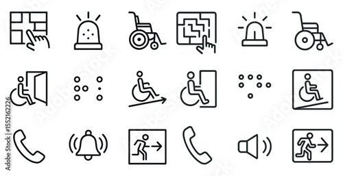 Accessibility and safety icons set – outline, linear, emergency and assistive designs