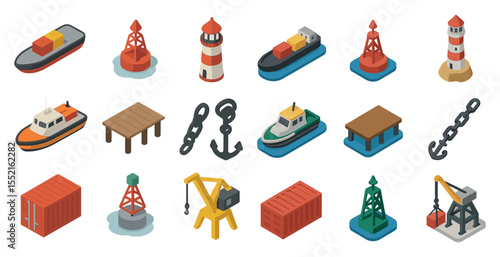 Maritime and nautical isometric icons set – 3d, shipping and sea transport symbols