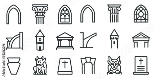 Gothic architecture icons set – outline, linear designs for cathedrals and landmarks