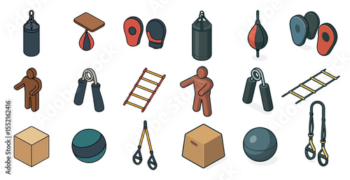 Fitness and gym equipment icons set – isometric, workout, training symbols collection