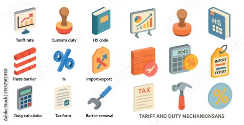 Trade and duty 3d icons set – import-export, customs, tariff symbols