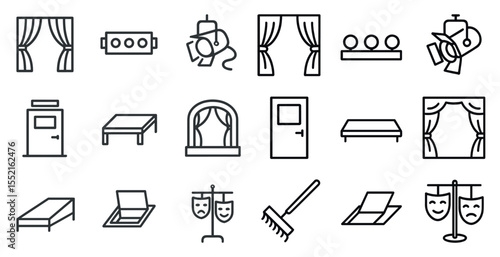 Theater and stage outline icons set – line, silhouette, drama and performance symbols