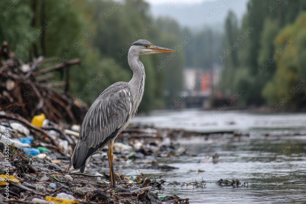 Obraz premium A heron stands calmly by a river, observing its surroundings littered with debris, under a gray overcast sky
