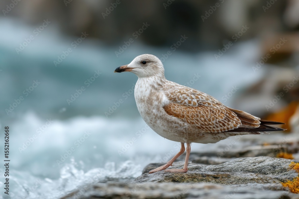 Obraz premium Seagull observes the shoreline while waves gently lap against the rocks during a tranquil sunset by the ocean