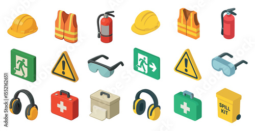Safety equipment isometric icons set – protective, emergency, hazard symbols