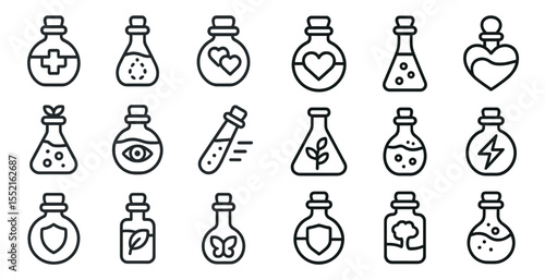 Alchemy and potion outline icons set – linear, chemistry, magical symbols collection