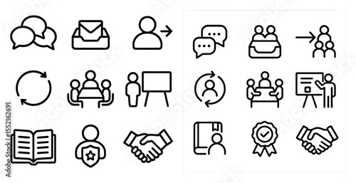Communication and collaboration icons set – outline, linear, teamwork symbols