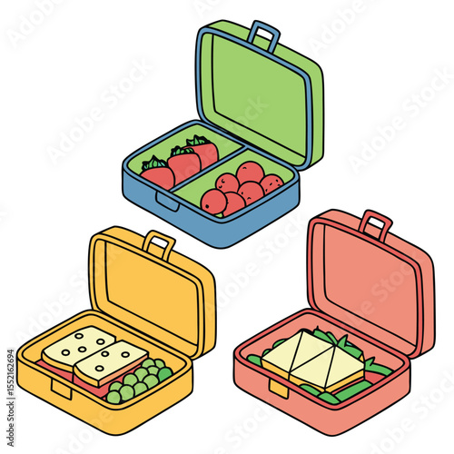 Three Colorful Lunch Boxes Filled With Delicious And Healthy Food For Children