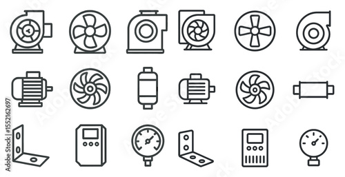Industrial and machinery outline icons set – mechanical, engineering, equipment symbols