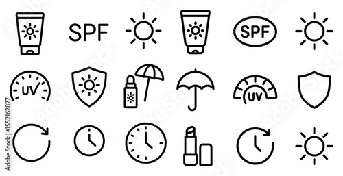 Sun protection line icons set – outline, uv, sunscreen and skincare symbols
