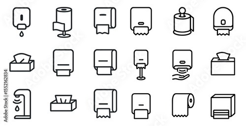 Toilet paper and dispenser line icons set – outline, linear, hygiene symbols