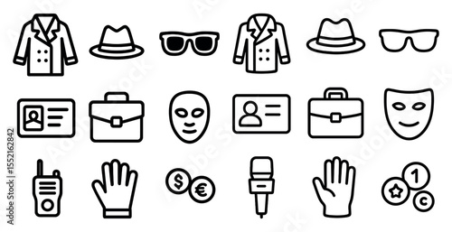 Spy and detective outline icons set – linear, filled, covert operation symbols