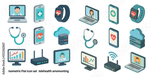 Telehealth isometric icons set – flat, digital healthcare and remote monitoring