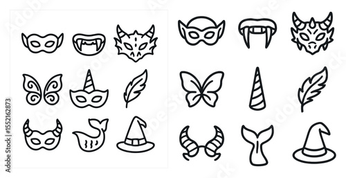 Fantasy and costume outline icons set – linear, whimsical, magic symbols for design