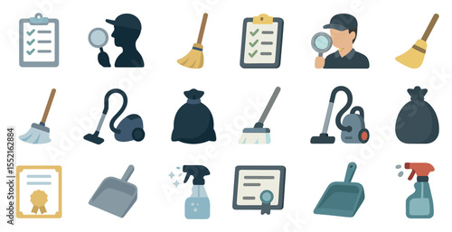 Cleaning and maintenance icons set – flat, solid, housekeeping and sanitation symbols