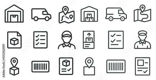Warehouse and delivery outline icons set – shipping, logistics, supply chain symbols