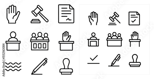 Legal and justice outline icons set – court, law, attorney symbols