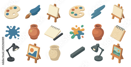 Art and creativity isometric icons set – artist tools, painting, creative symbols