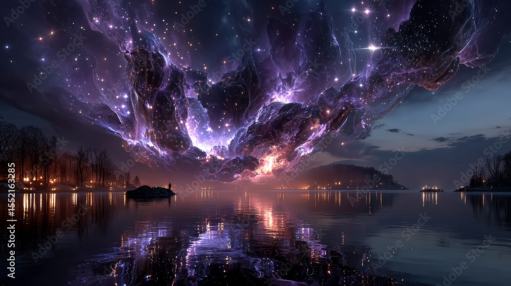 Obraz premium Sparkly purple smoke cloud or fog on dark background. Magical mist with glowing particles and stars. Fantasy nebula texture. Mysterious hazy effect for mystical designs or fairy tale illustrations.