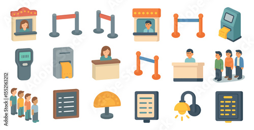 Queue management and ticketing icons set – flat, filled, line and outline symbols