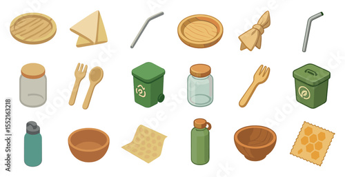 Eco-friendly kitchen icons set – isometric, sustainable, reusable kitchenware symbols