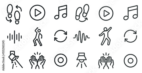 Dance and rhythm icons set – outline, music, choreography, movement symbols