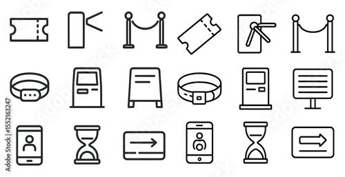 Event and access control icons set – line, outline, admission and ticketing symbols