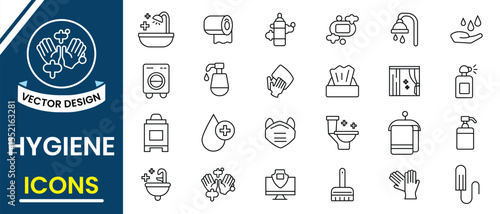 Hygiene icon set. Outline icon of hygiene vector like clean sink, disinfection, hand washing, dental care, cleanliness, health, shower, soap, towel, wash hand, and more. Vector illustration.