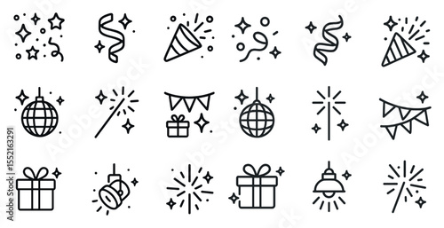 Celebration and party icons set – outline, festive, event planning symbols