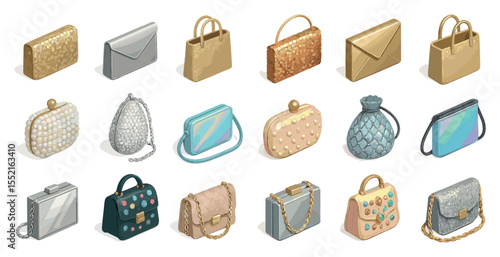 Fashion accessories icons set – isometric, handbags, purses, stylish symbols
