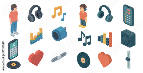 Music and audio isometric icons set – 3d, sound, podcast and playlist symbols