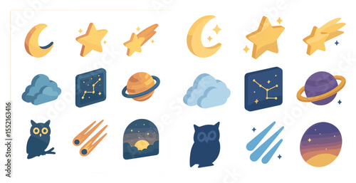 Astronomy and sky 3d icons set – celestial, cosmic, starry night symbols