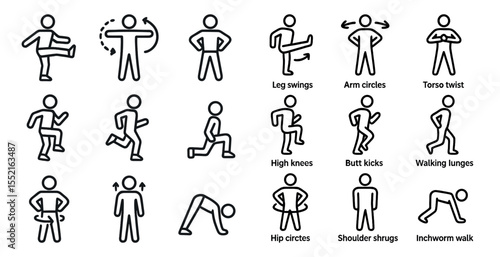 Exercise and workout outline icons set – fitness, health, activity symbols