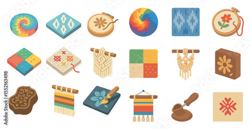 Embroidery and crafts 3d icons set – textile, needlework, sewing symbols